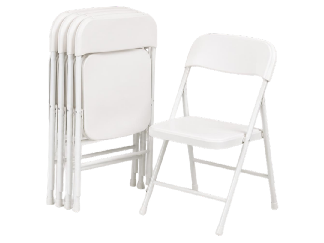 A stack of white folding chairs beside one standing open