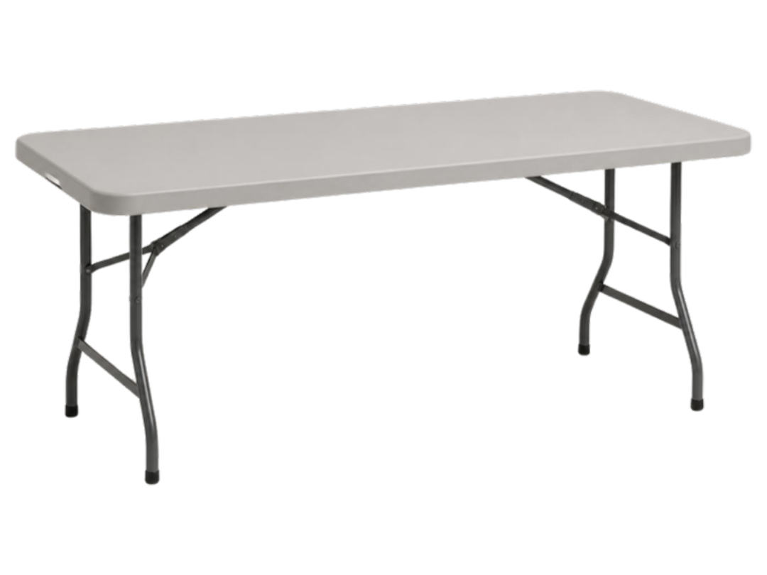 A 6ft rectangular folding table with its legs open