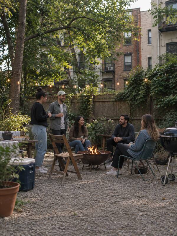 Friends around a fire pit in a city backyard, with folding chairs, a grill, a cooler and string lights