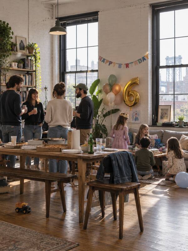 A child's birthday party in a brick loft, with a long wooden table, balloons and children on the sofa