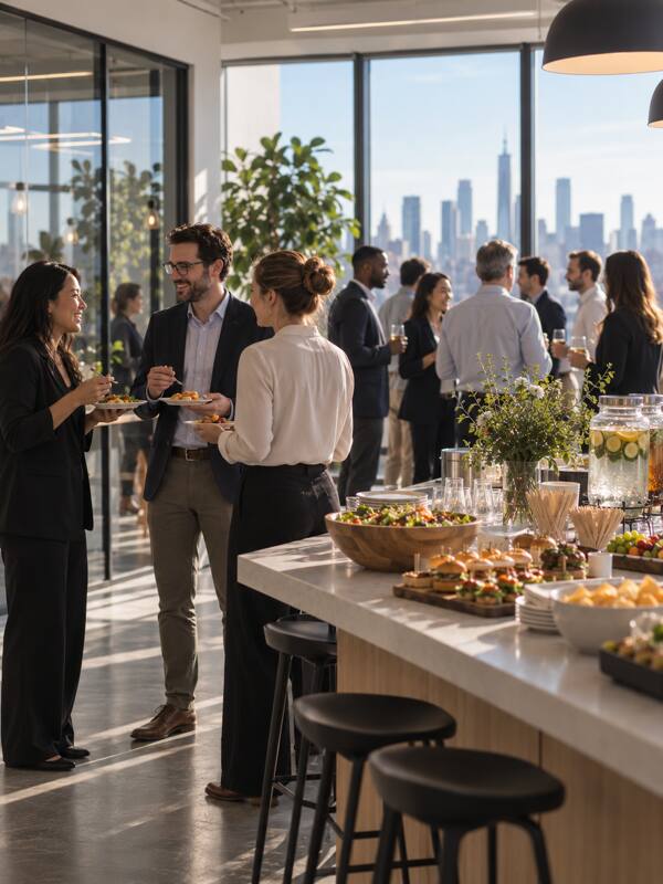 An after-work party in an office with a city view, guests around a catering counter with bar stools