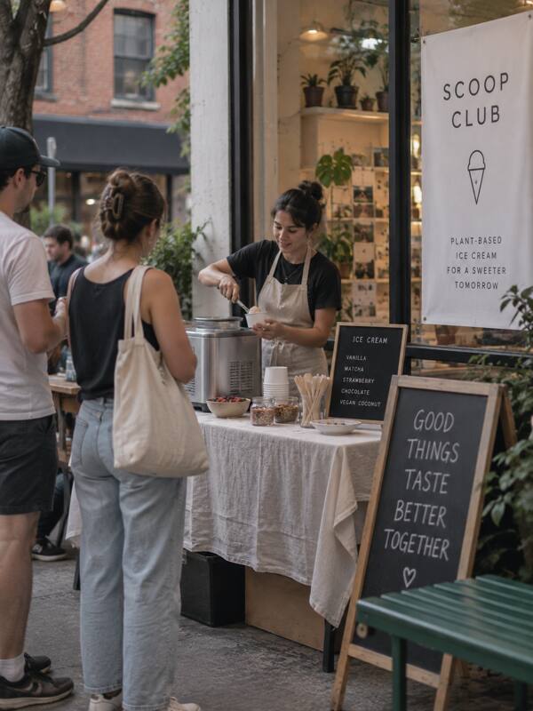 A pop-up ice cream stand on a sidewalk, with a draped table, an ice cream machine and chalkboard signs