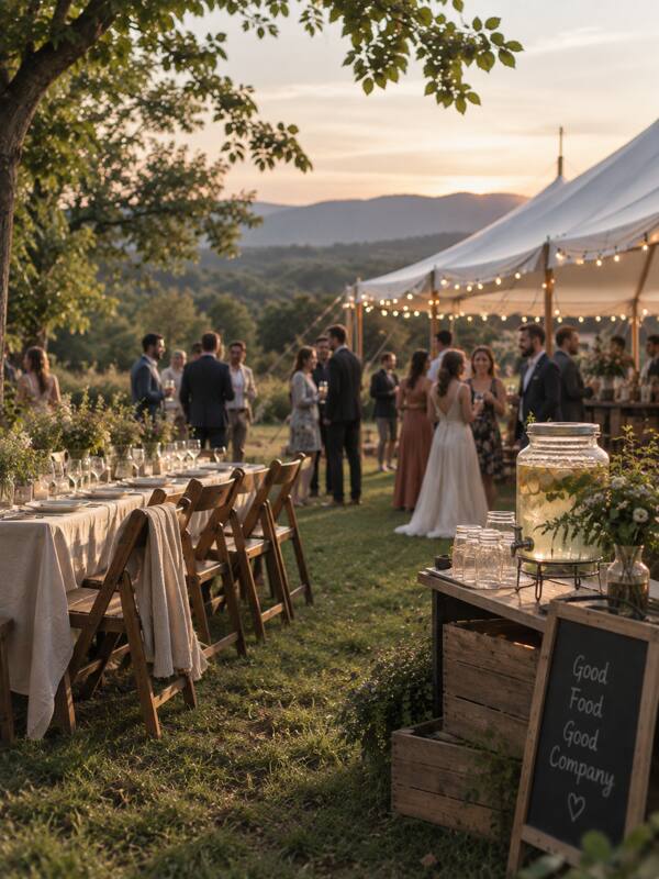 A garden wedding at sunset, with a sailcloth tent, long tables and wooden folding chairs