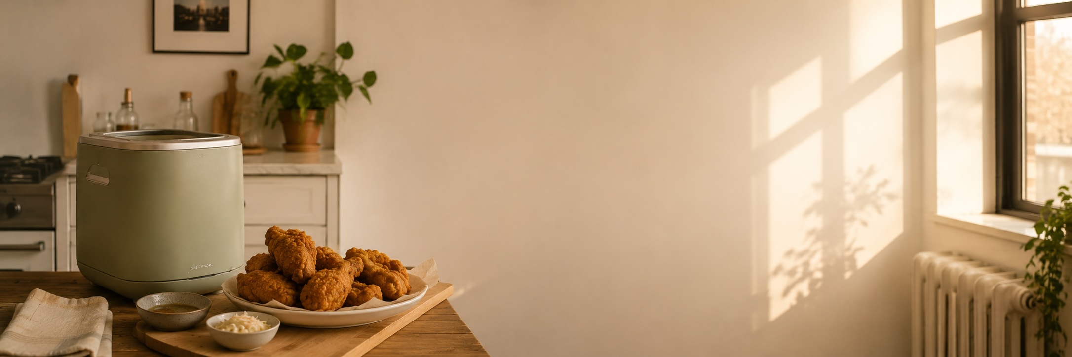 Rented sage-green countertop air fryer with a plate of crispy fried chicken on a sunlit wooden kitchen table in a NYC apartment