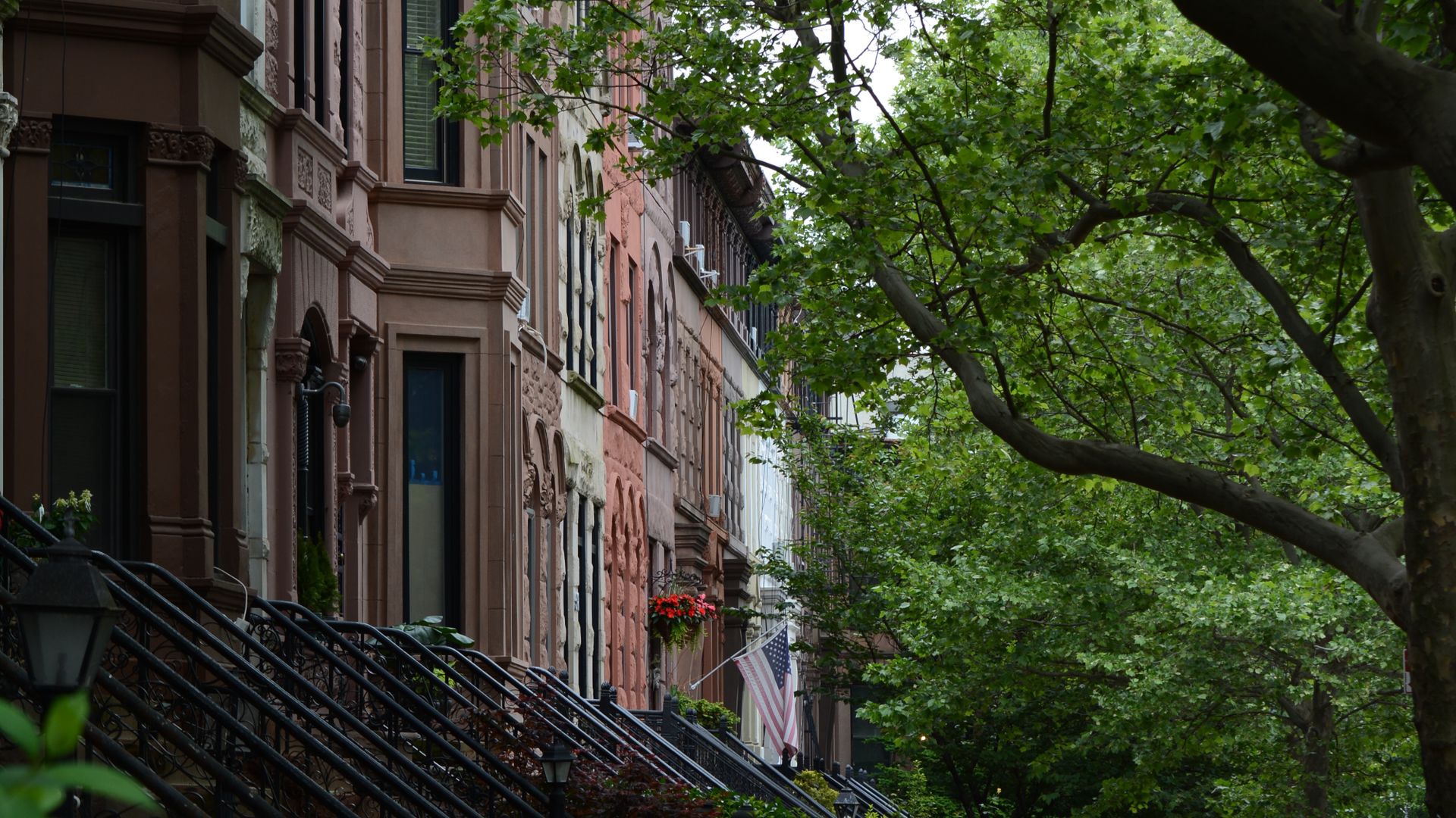 A tree-lined Brooklyn brownstone block with stoops and a US flag on a sunny day