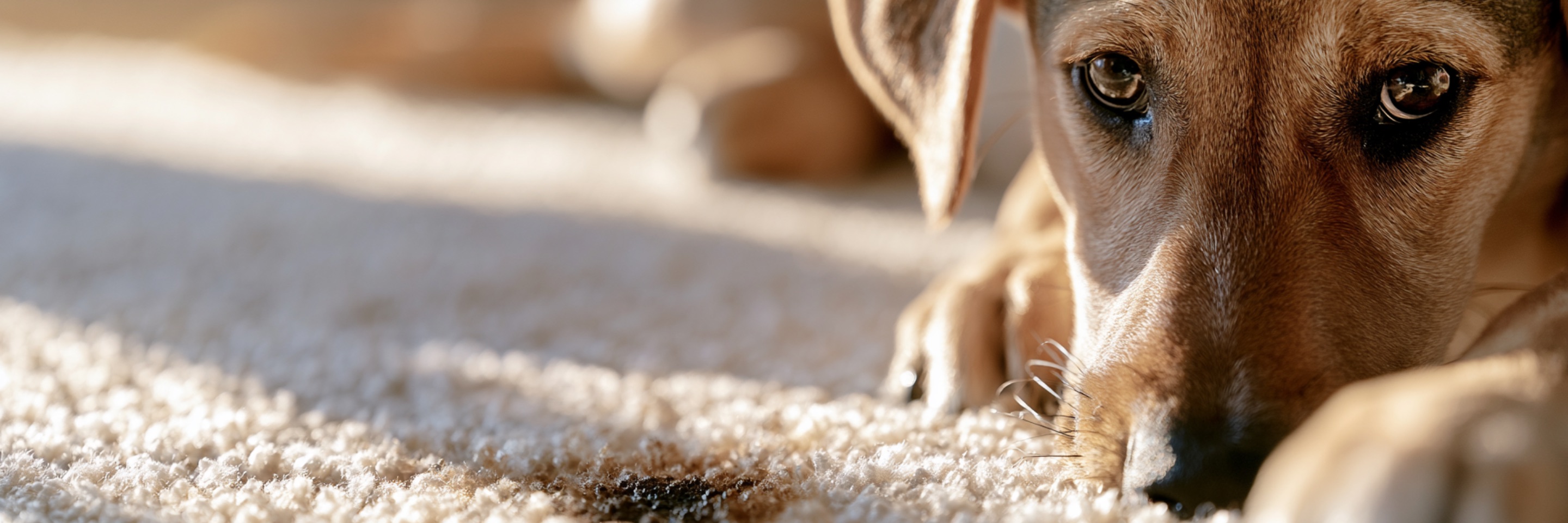 Dachshund lying on a beige carpet in warm sunlight
